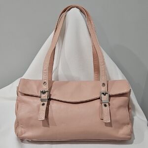 Perlina Powder Pink Leather Shoulder Bag with Buckle Straps